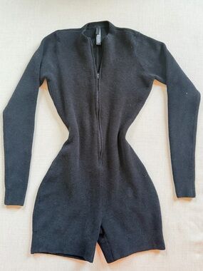 SKIMS Black Long Sleeve Knit Zip Romper